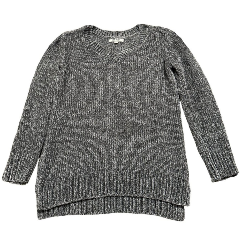 Orvis Chenille Gray Soft Sweater V-Neck Long Sleeve Ribbed Knit Hem Woman's Smal